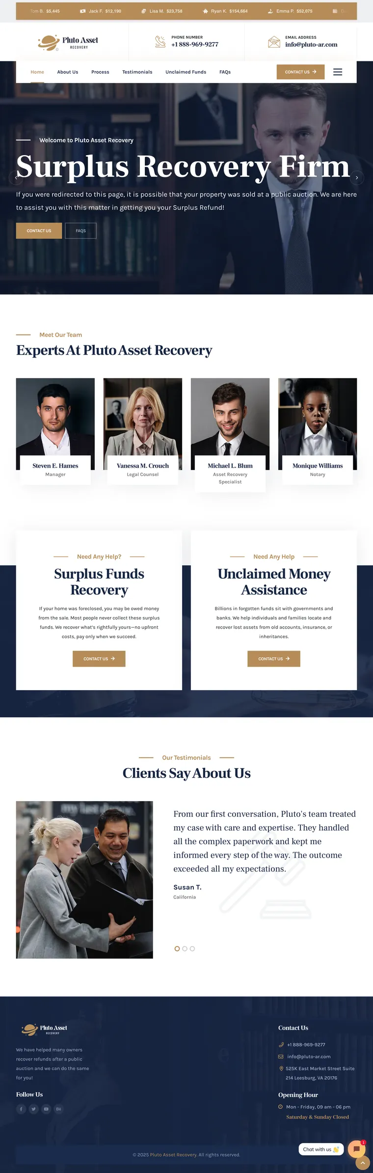 Pluto Asset Recovery website, built by Excess Quest